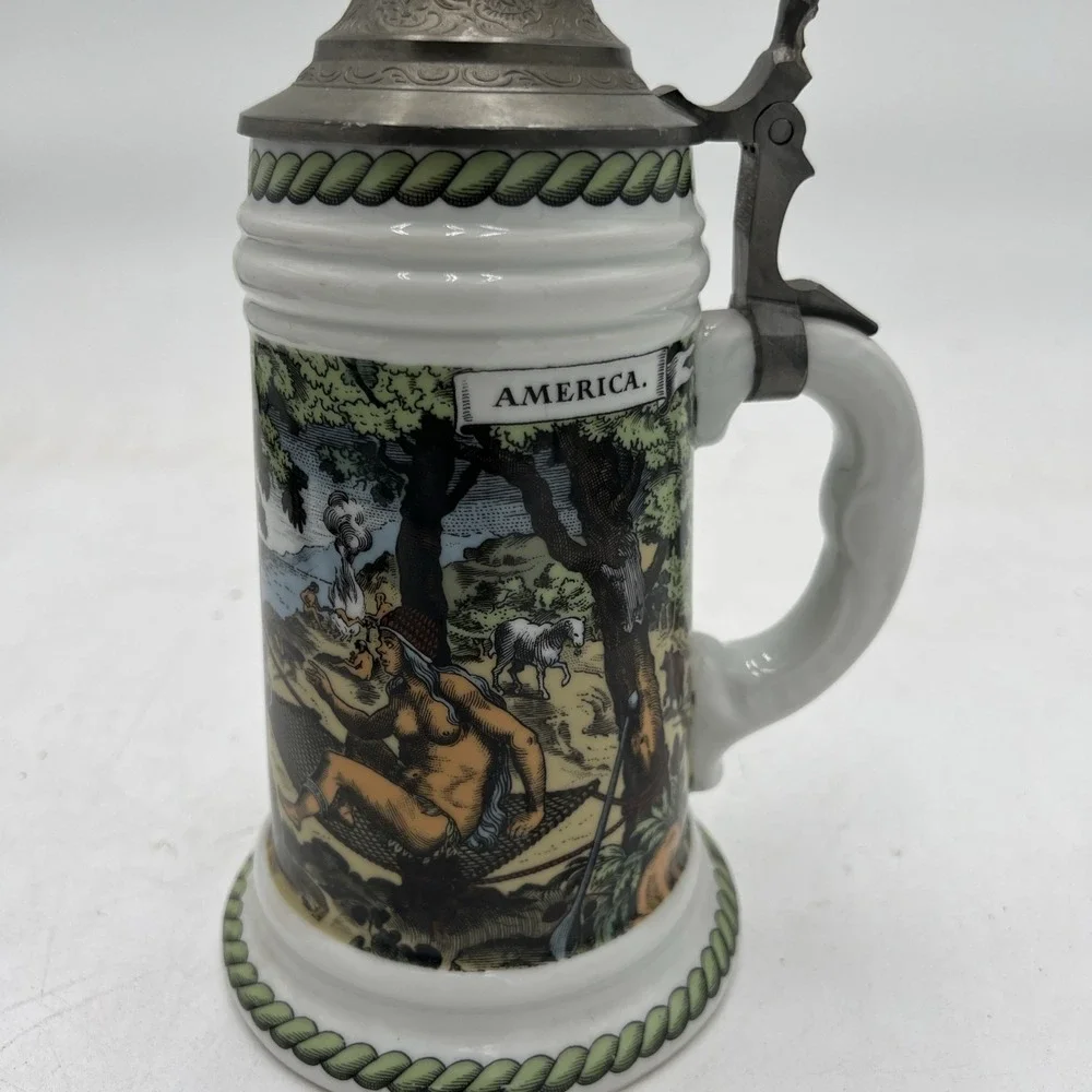 VNTG Cerami Beer Stein Tankard Pewter Lid Sailing Ship Historical Explorer Theme